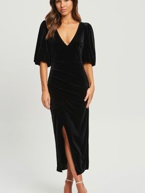 Black Velvet Puff-Sleeve Midi Dress